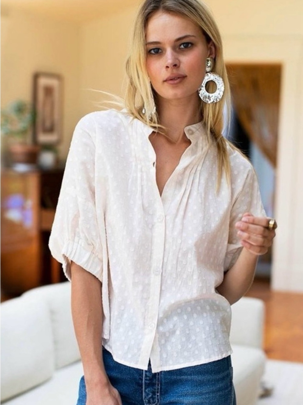 EMERSON FRY INDIA COLLECTION ORGANIC COTTON SWISS DOT DETAIL TOP, O/S.